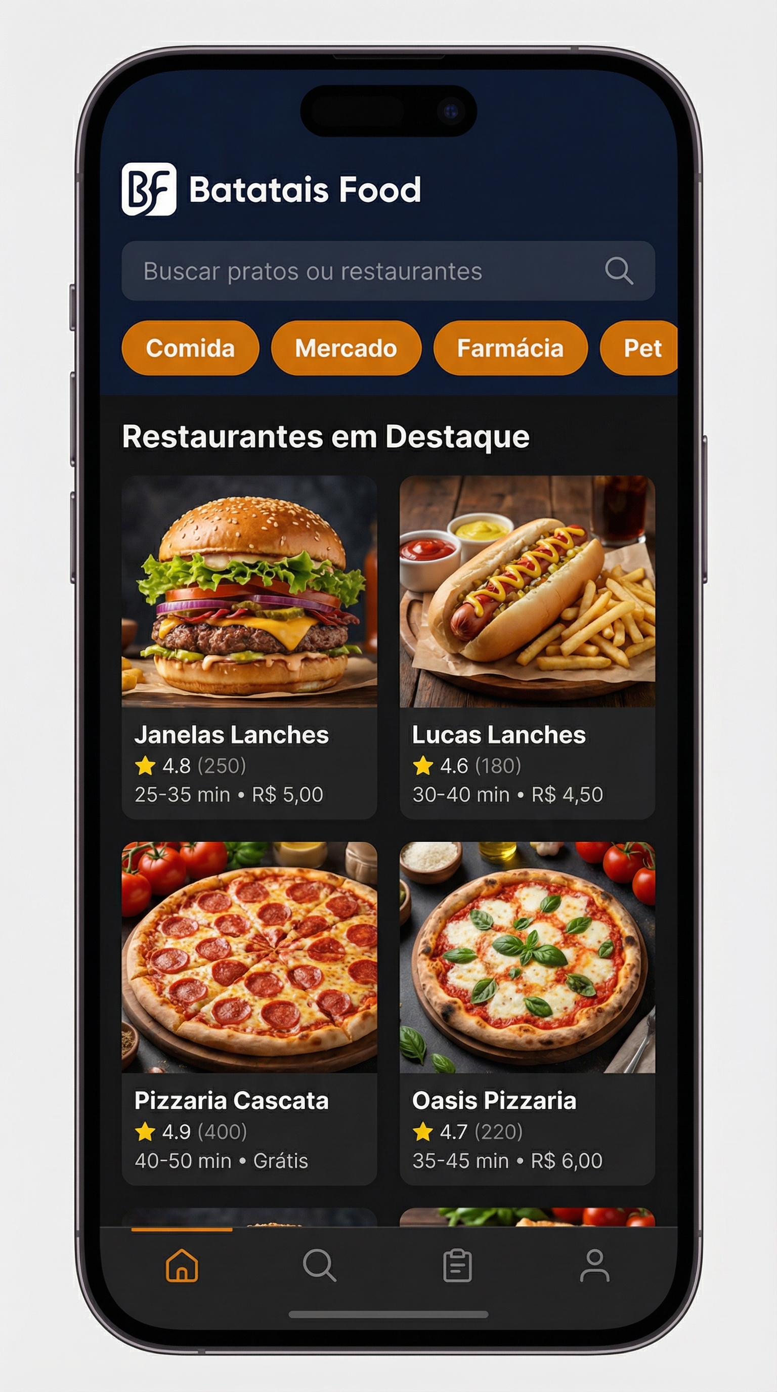 Mockup da tela inicial do app Batatais Food com nova identidade