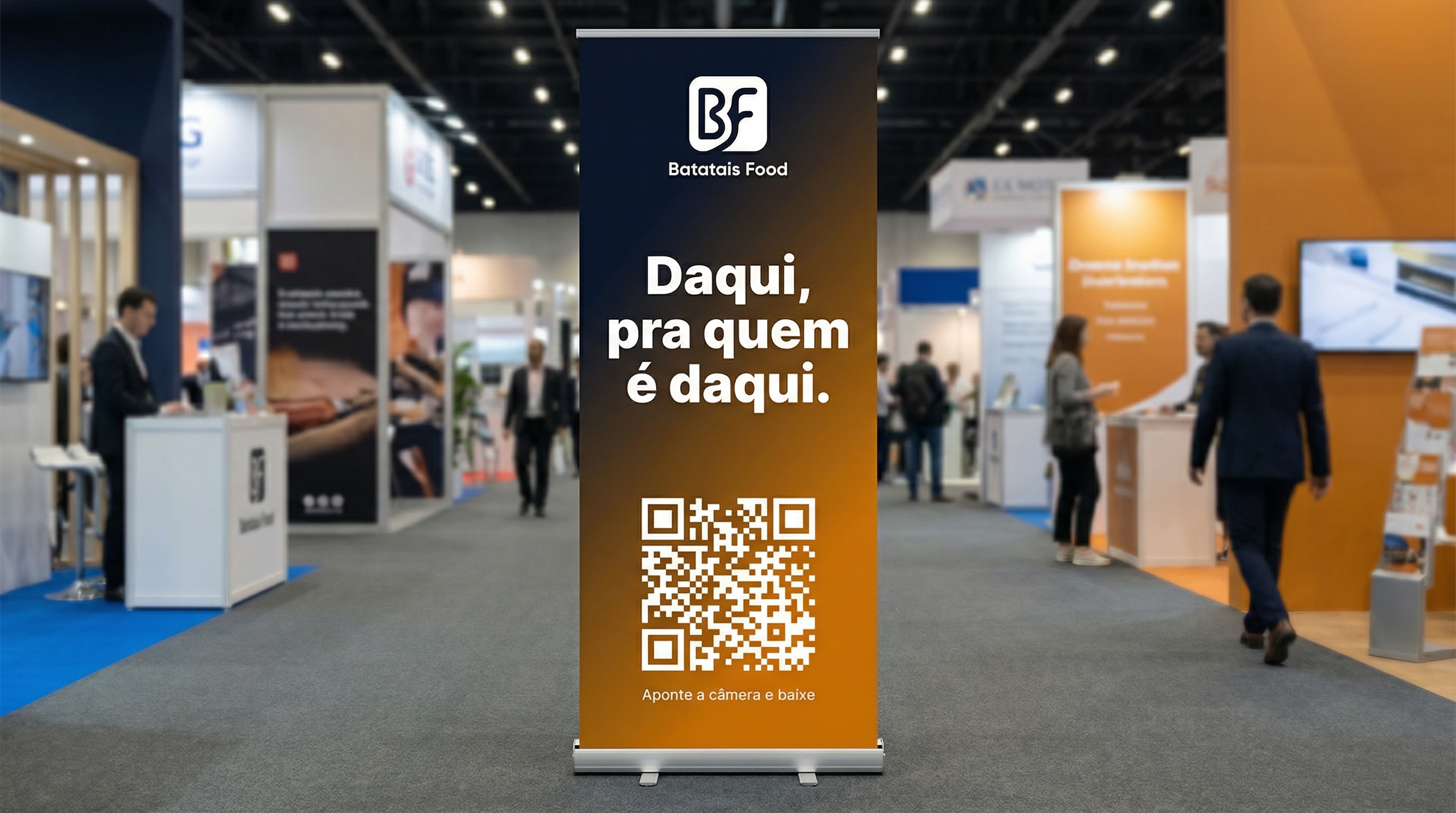 Mockup de banner roll-up Batatais Food com QR code