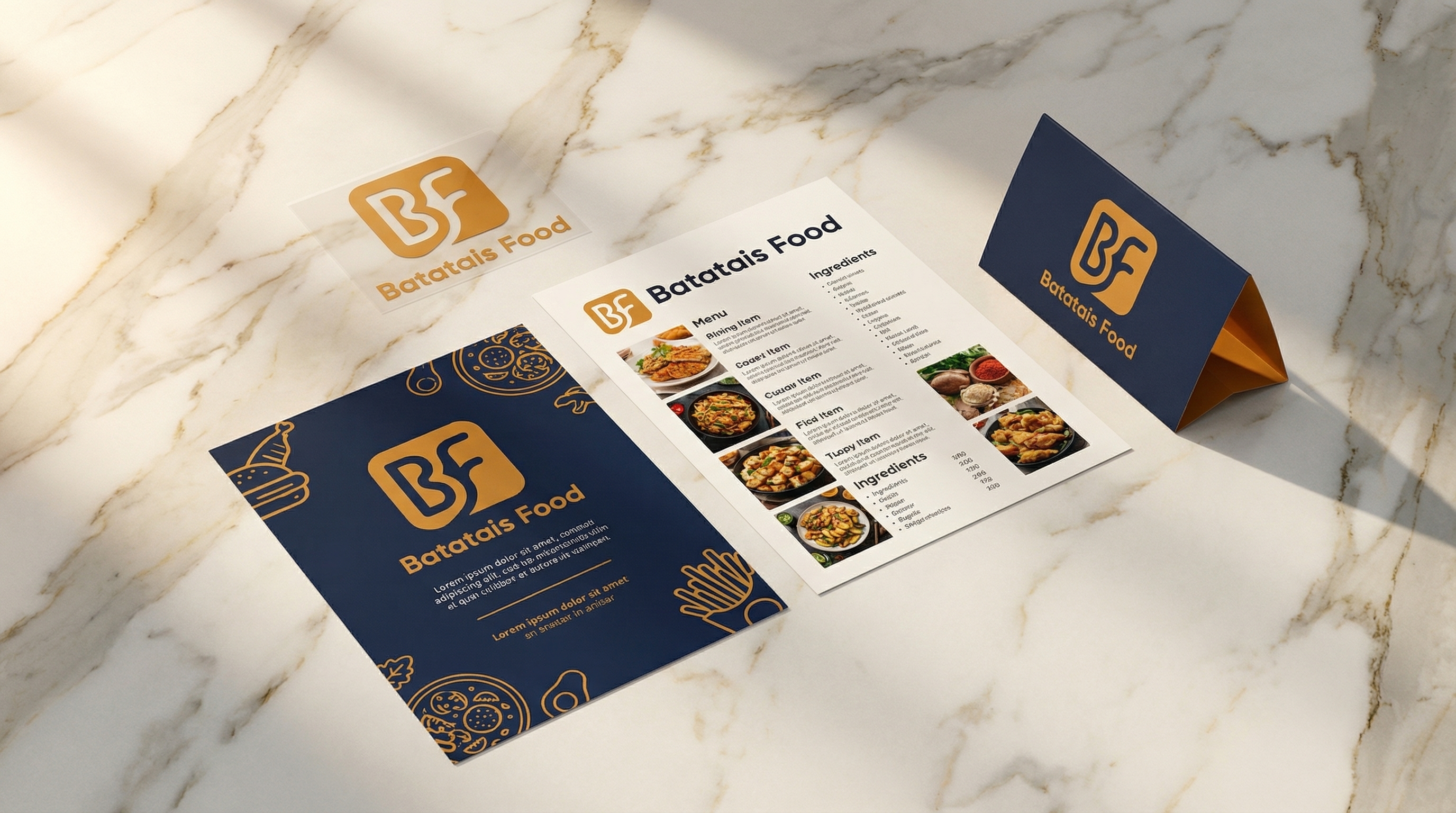 Mockup do Kit do Parceiro Batatais Food: adesivo, flyer, guia de fotos e tent card