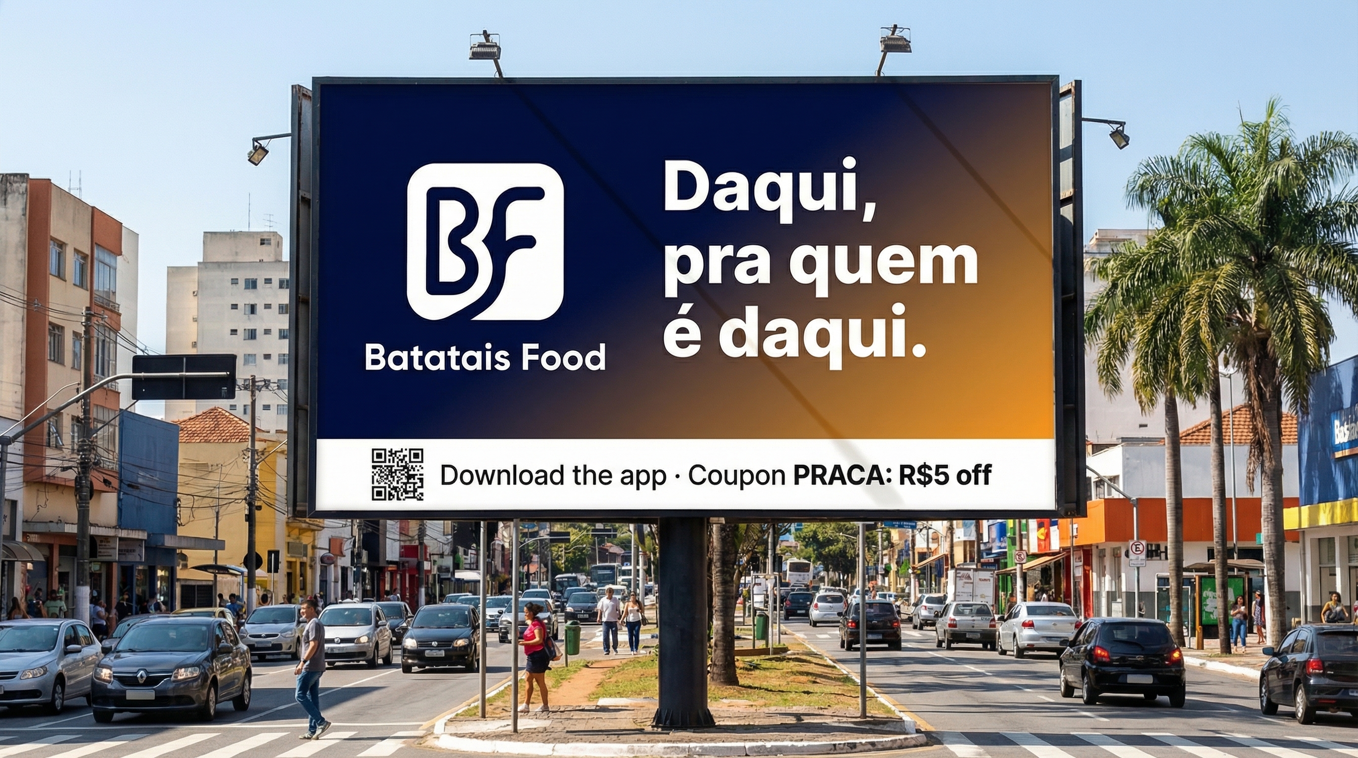 Mockup de outdoor Batatais Food em rua de cidade do interior