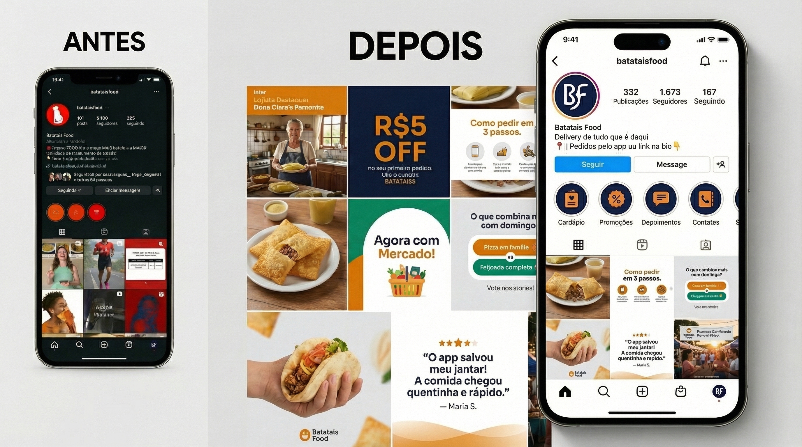 Comparação antes e depois: post de Instagram do Batatais Food